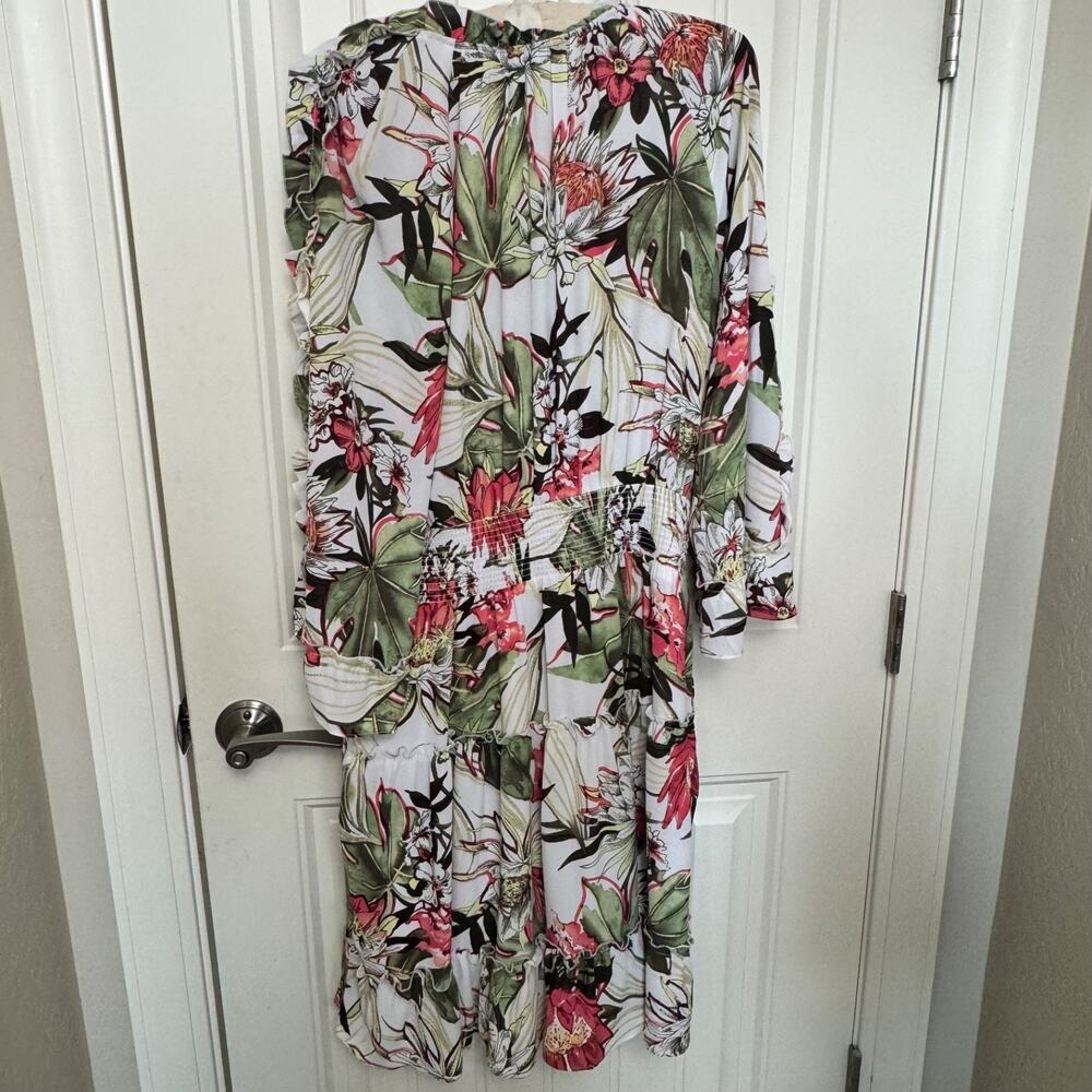 Chico’s Maui Alabaster Floral Dress Sz. Chicos 2 Women's 12 Bell Sleeve Smocked - Picture 5 of 15